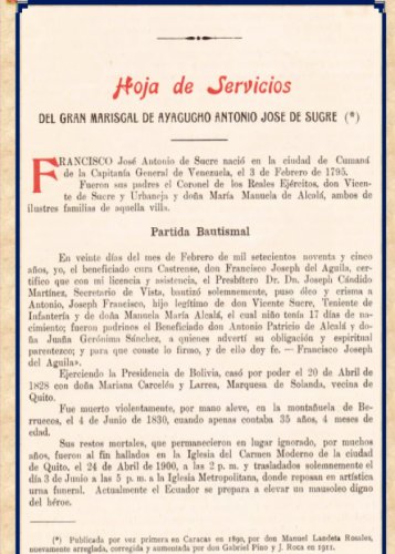 Hoja de Servicios del Gran Mariscal de Ayacucho Antonio José de Sucre